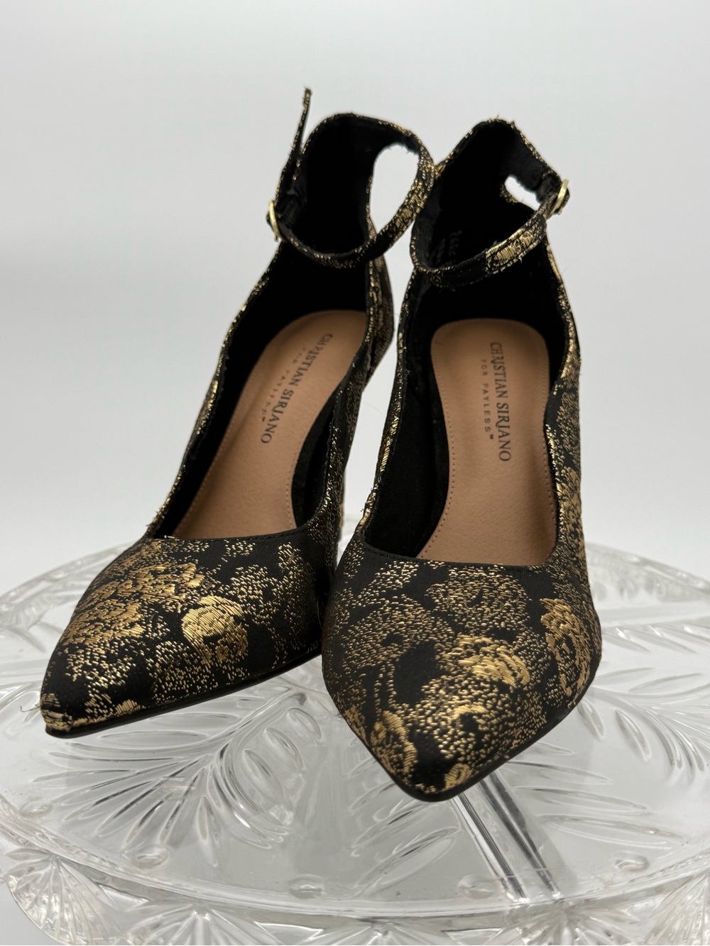 Christian Siriano Black and Gold Floral Ankle-Strap Pointed Pumps